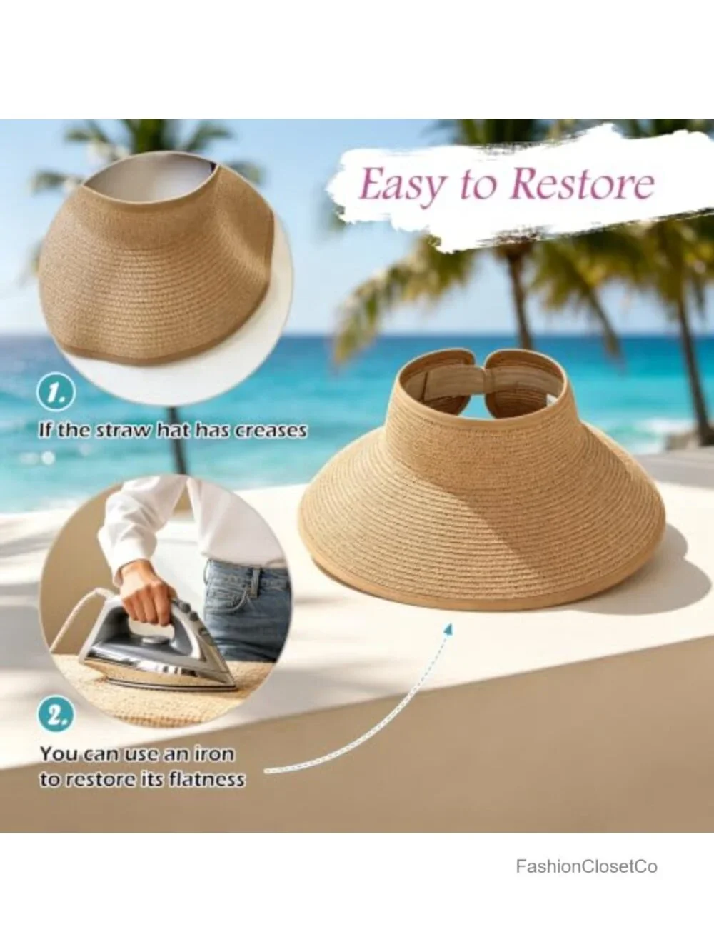 Wide Brim Sun Visor with UV Protection, Adjustable Velcro, Foldable Straw